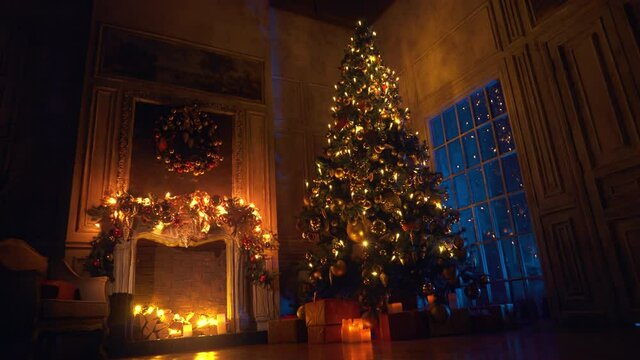 Christmas and New Year interior decoration. Green tree decorated with toys, gifts, present boxes, flashing garland, illuminated lamps. Fireplace and xmas tree. Cozy Christmas atmosphere. 4K