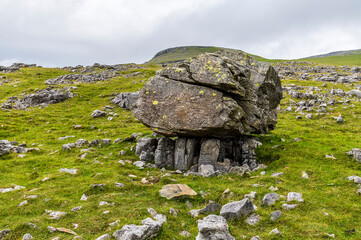 A view of a glacial erratic on limestones supports on the southern slopes of Ingleborough,...