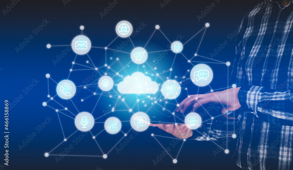 Poster businessman holding tablet connect to data information on the cloud icon computing network, backup s