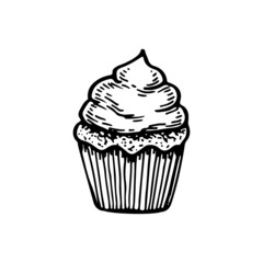 Sponge cake with cream for the holiday. Sweet dessert for the birthday party. Muffin, cupcake. Hand drawn line vector illustration in doodle style.