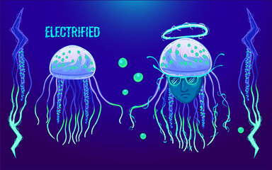 The bright purple and green colored jellyfish in the collection display are suitable for screen printing clothes and fashion