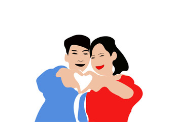 Fototapeta na wymiar Asian couple embracing making heart symbol with their hands on white background.