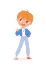 Cute kid with finger thumb up, little boy gesturing ok, schoolboy showing appreciation