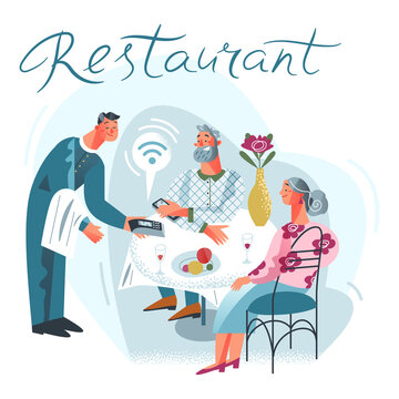 Cashless payment in restaurant, elderly pay for order food, waiter holding pos terminal