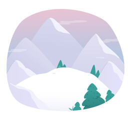 Cute mountain snowy nature, landscape in winter with snow, simple scenery of oval shape