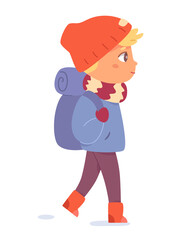 Boy hiking with backpack, winter walk of child in park or woods, scout in warm outfit