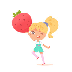 Cute girl holding juicy ripe strawberry, healthy sweet berry food for breakfast or lunch