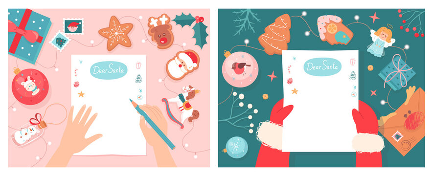 Christmas letter set, kids hand holding pencil to write letter, Santa Claus reading