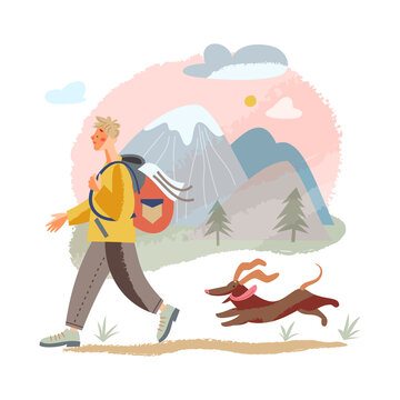 People travel with pet dog, summer vacation trip adventure, man tourist hiking outdoor
