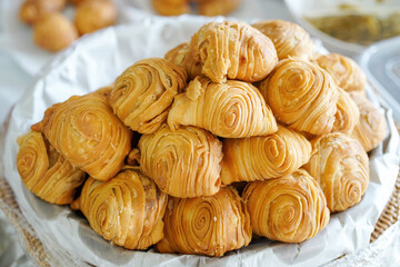 Curry Puff Background. Favourite snack of Saraburi, Thailand, curry puff on a basket.