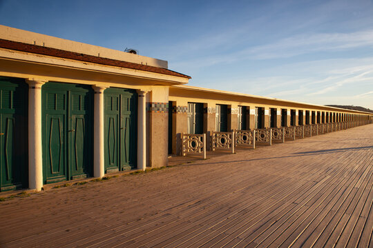 The famous beach cabins of the promenade des Planches in Deauville in France.