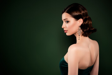 Profile side photo of good looking stunning alluring girl look copyspace wear dress isolated on green color background
