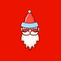 Santa Claus head with Santa red hat and hipster sunglasses isolated on red christmas background. Santa Claus label or sticker design. Christmas greeting card template