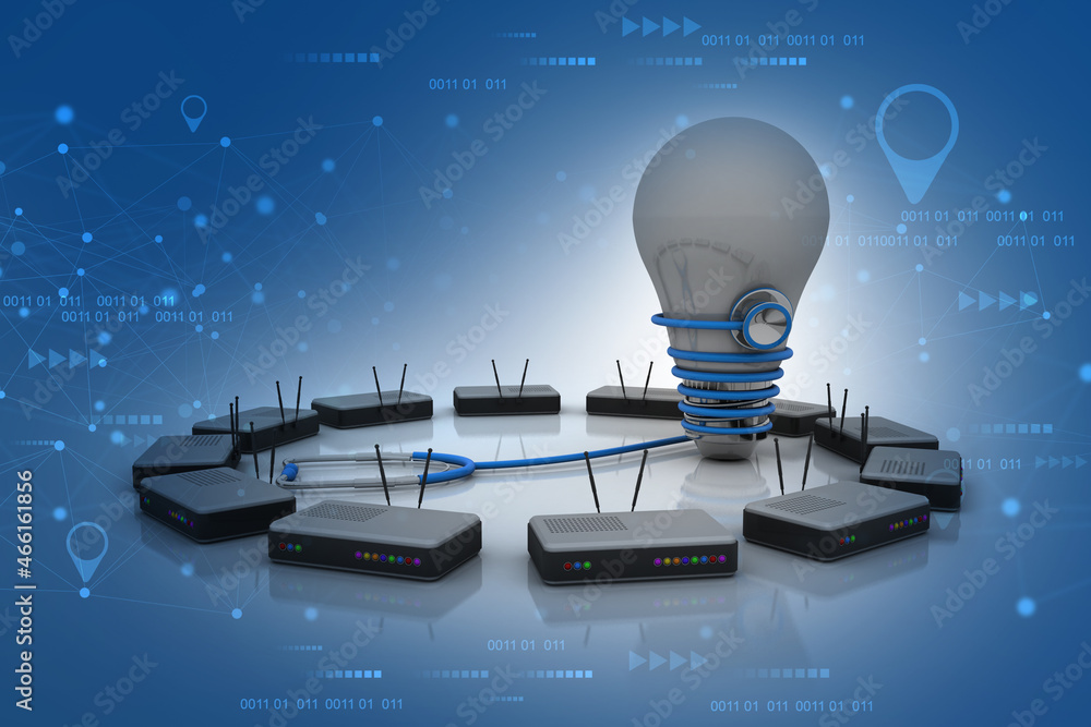 Poster 3d rendering stethoscope connected modem with bulb