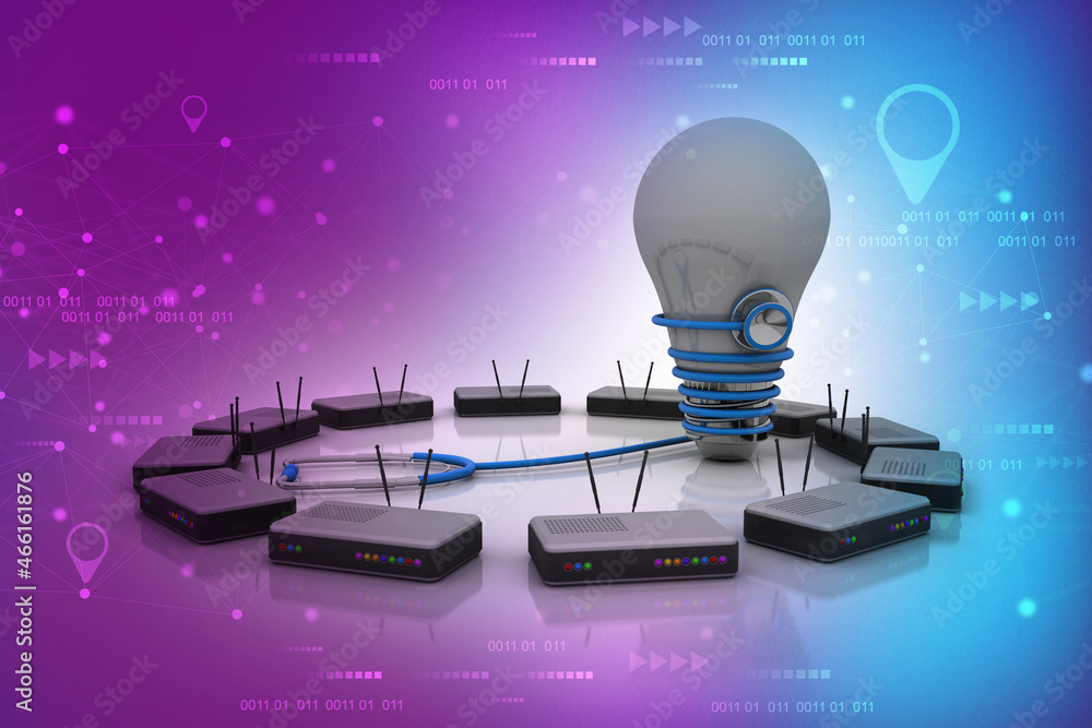 Poster 3d rendering stethoscope connected modem with bulb