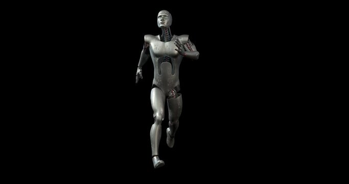 AI Futuristic Robot Running In Slow Motion In Space. Alpha Channel. Technology And Space Related 3D Animation.
