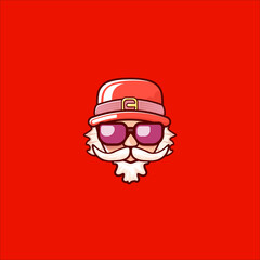 Santa Claus head with Santa red hat and hipster sunglasses isolated on red christmas background. Santa Claus label or sticker design. Christmas greeting card template