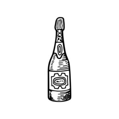 Glass bottle with a drink for a birthday party. Sparkling grape wine champagne. Hand drawn line vector illustration in doodle style.
