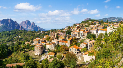 Landscape with Evisa, mountain village in the Corse-du-Sud department of Corsica island, France