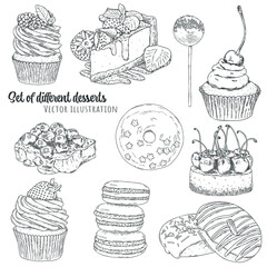 Set of hand drawn sketches of different desserts isolated on white background. Vector outline illustration.
