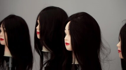 several mannequin heads for practice