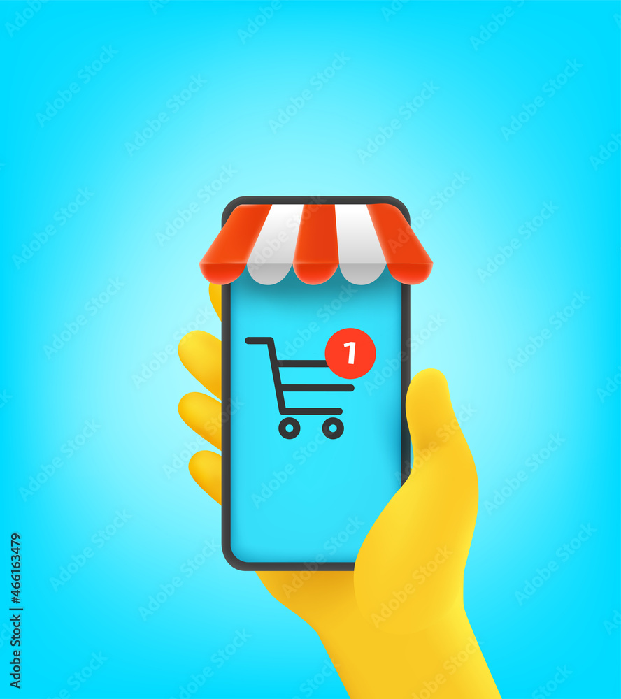 Poster man holding mobile phone with shopping application