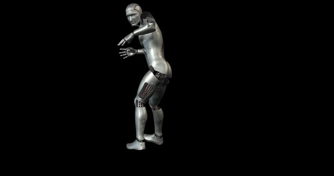 Fighter Bionic Robot Making Karate In A Space. Alpha Channel. Technology And Space Related 3D Animation.