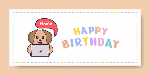 Happy Birthday banner with Cute dog cartoon character. Vector Illustration