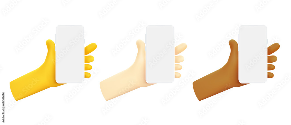 Poster Man holding modern smart phone with empty screen isolated on white background. Vector mock up. Chinese, european and african men races