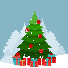 Decorated Christmas tree. Merry Christmas and Happy New Year background. Vector illustration.