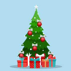 Decorated Christmas tree. Merry Christmas and Happy New Year background. Vector illustration.