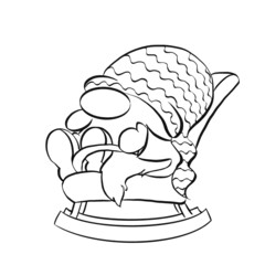 Cute gnome in woolen hat sleeping in the armchair. Christmas and New Year contoured illustration for banner and design. Collection of gnomes in cartoon style. Colouring book.