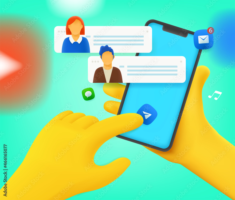 Poster man hand holding modern smartphone ans using messengers