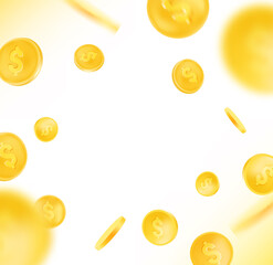 Gold coins radial explosion. Vector frame background