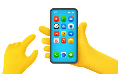 Hand holding modern smartphone and selecting mobile application. Comic 3d style vector illustration
