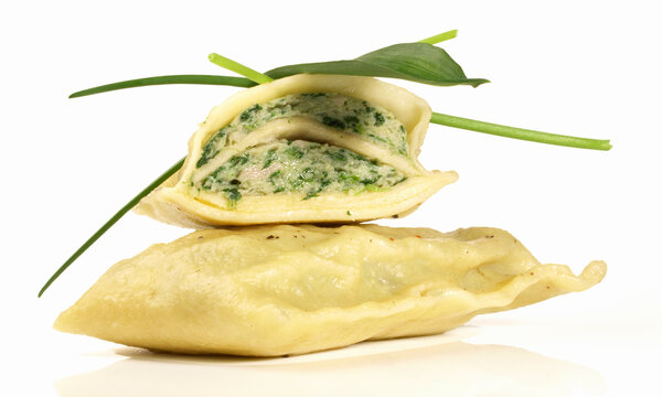 Maultaschen with Chives and Wild Garlic - Isolated on white Background