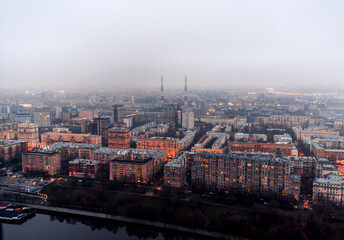 Fototapeta na wymiar Moscow in the fog view from a height