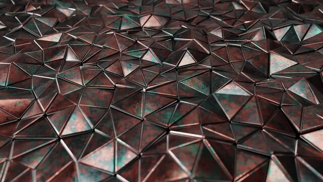 Realistic looping abstract 3D animation of the moving solid corroded copper metallic triangles pattern rendered in UHD as motion background