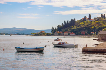 Fototapeta na wymiar Autumn Mediterranean landscape. Montenegro, Adriatic Sea. View Kotor Bay and Kamenari town ( Herceg Novi )