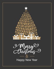 Christmas card background with christmas tree,calligraphy text merry christmas and happy new year.Design template invitation banner.Vector illustration gold tree on black background for social media