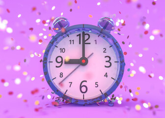 Fototapeta na wymiar Retro alarm clock on table on pink background. 3D illustator