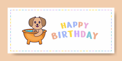 Happy Birthday banner with Cute dog cartoon character. Vector Illustration