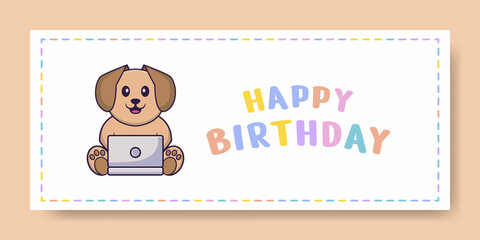 Happy Birthday banner with Cute dog cartoon character. Vector Illustration