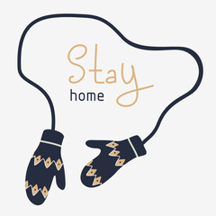 Christmas mittens. Winter clothes. New year holiday.  Postcard. Stay home. 