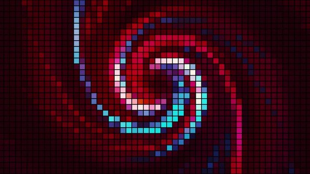 Abstract colorful background with many rows of tiny squares and a moving whirlwind. Motion. Rotating flowing and twisting light stripes, seamless loop.