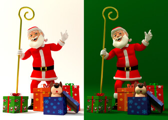 Cheerful and happy Santa Claus with various Christmas gifts. cartoon style 3d illustration