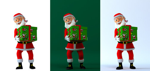 Cheerful and happy Santa Claus holding a Christmas gift. cartoon style 3d illustration