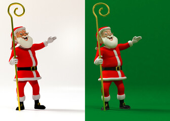 Joyful and happy Santa Claus holding his crook. cartoon style 3d illustration