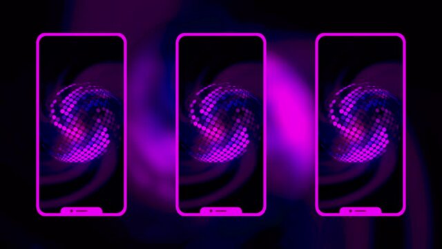 Abstract spiral shaped animation on the silhouette of a smartphone screen. Motion. Bright colors of a new modern smartphone, concept of communication.