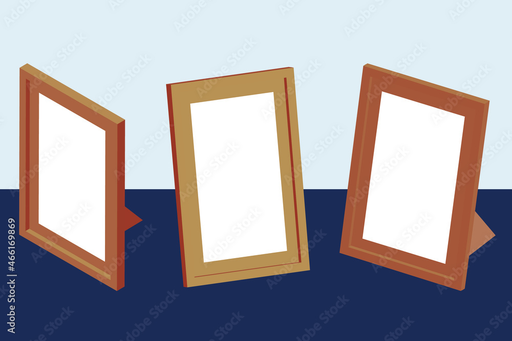 Poster wooden frame set. collection of vector isometric wooden frames. 3d rendering. frames on blue surface